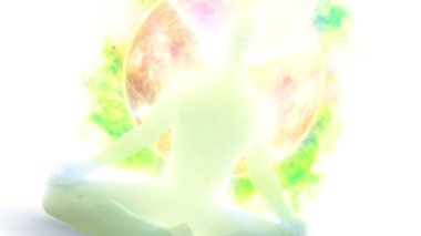 Siluetli bir figür, titreşen ışık enerjisiyle çevrili, uzlaşma nilüferinde oturuyordu..