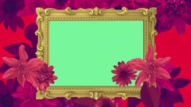 Alfayla süslü altın bir çerçevenin altında ve üzerinde hareket eden yemyeşil çiçek katmanlarının güzel detaylı bir döngü arkaplanı.