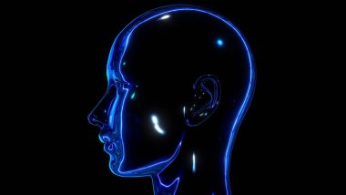 Mavi yansıtıcı bir insan kafasının yer aldığı soyut bir görüntü, yan profil.