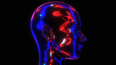 Kırmızı ve mavi yansıtıcı insan kafa profili içeren soyut bir resim.