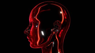 Kırmızı yansıtıcı insan kafa profili içeren soyut bir resim.