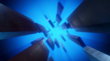 Yürüyen insanlarla dolu üç boyutlu monolitik sütunlarda soyut bir arkaplan ve sonsuz boşluk.