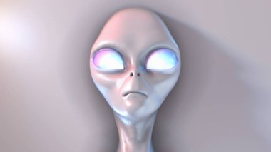 Beyaz bir arkaplandan parlayan gözlerle sentetik bir Uzaylı Gri yüzü ortaya çıkar..
