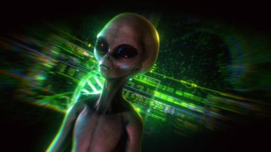 Karanlık bir ortamda, dijital holografik kontrol panelleri ve gece görüşü tarzında veri akışlarıyla çevrili gri bir uzaylı karakter..