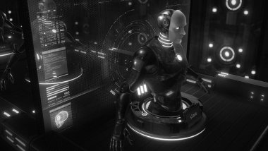 Dijital ekranları ve verileri olan bir fabrika üretim hattında üretilen insansı bir sayborg..