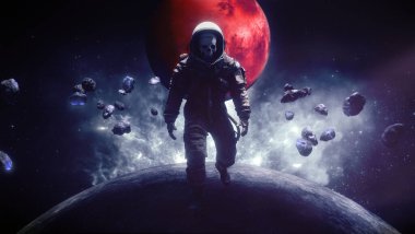 Kurukafa kafalı bir astronot karakterin, grafiksel gezegenler ve meteorlar ile ilgili detaylarını içeren soyut, illüstrasyon tarzı bir arka plan.. 