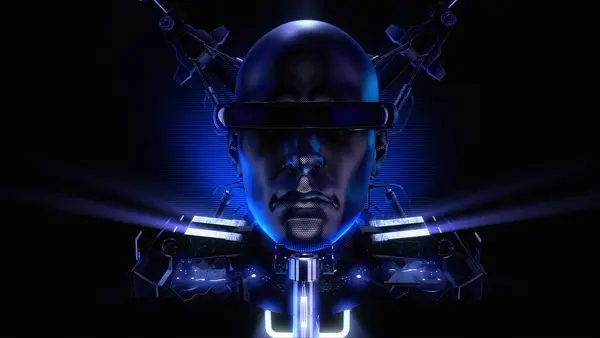 Her şeyin gücü ve bilgisine sahip çok güçlü sentetik insansı robot yüzü..