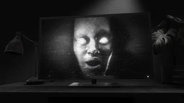 stock image A face emerges from hypnotic television white noise static with a weak TV signal and noise effects.