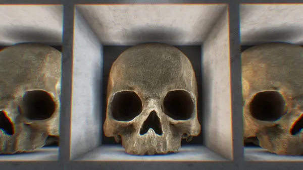 Büyük insan kafatasları, kabinlerde bulunur..