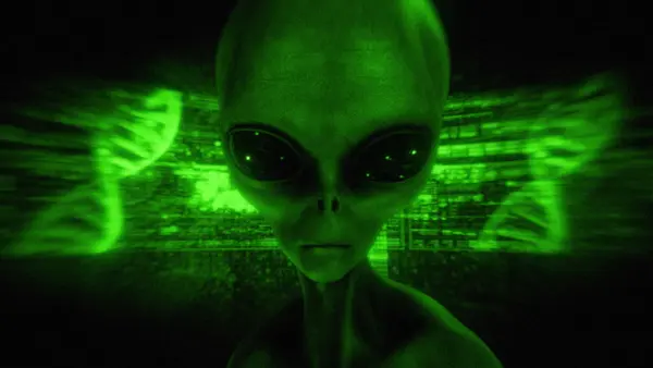 Karanlık bir ortamda, dijital holografik kontrol panelleri ve veri akışlarıyla çevrili gri bir uzaylı karakter..