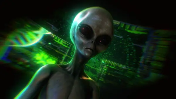 Karanlık bir ortamda, dijital holografik kontrol panelleri ve veri akışlarıyla çevrili gri bir uzaylı karakter..