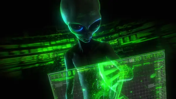 stock image A grey alien character in a darkly lit environment surrounded by digital holographic control panels and data streams in a night vision style.