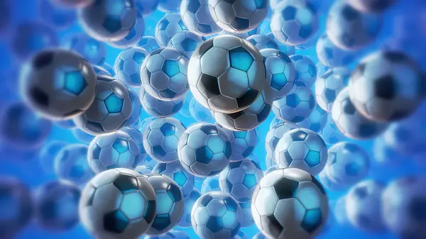 Sonsuz mavi arka planda süzülen üç boyutlu futbol topları