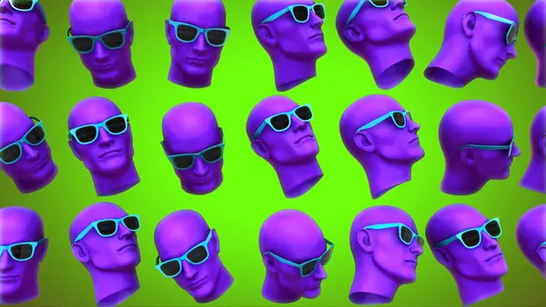 Yeşil üzerine güneş gözlüğü takan parlak renkli manken kafalarının soyut bir arka planı.