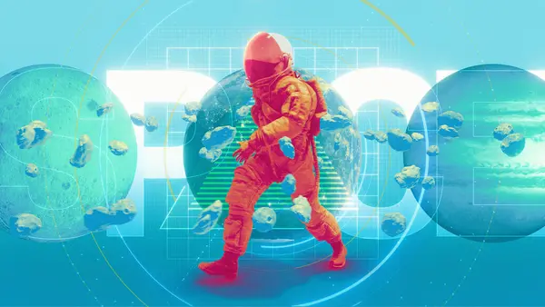 Renkli, soyut bir illüstrasyon tarzı arka plan. Grafiksel gezegenler ve meteorlar içeren bir astronot karakteri var. Arkaplanda 'Uzay' kelimesi.