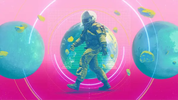 Renkli, soyut bir illüstrasyon tarzı arka plan. Grafiksel gezegenler ve göktaşları olan bir astronot karakteri içeriyor..