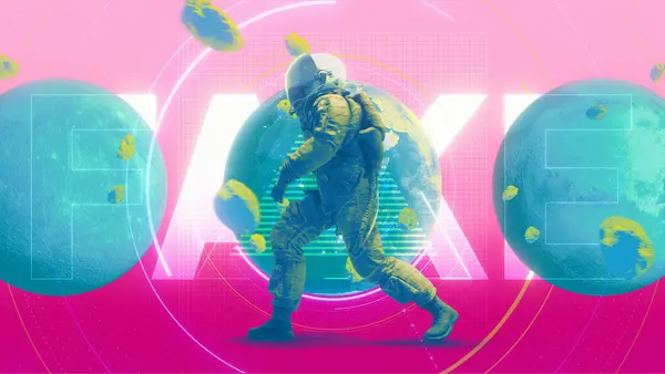 Renkli, soyut bir illüstrasyon tarzı arka plan. Grafiksel gezegenler ve meteorlar içeren bir astronot karakteri var. Arka planda 'Sahte' kelimesi.