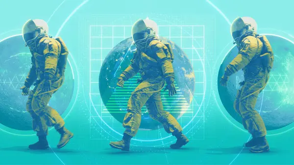 Renkli, soyut bir illüstrasyon tarzı arka plan. Grafiksel gezegenler ve göktaşları olan bir astronot karakteri içeriyor..