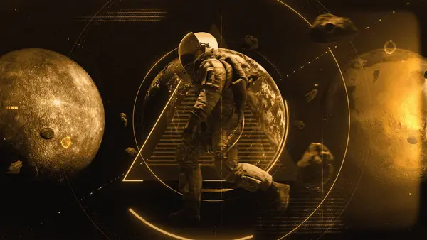 Soyut bir illüstrasyon tarzı arka plan. Grafiksel gezegenler ve meteorlar içeren bir astronot karakteri var. Bir sepya film efektiyle.