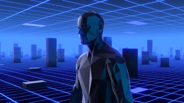 Rastgele 3 boyutlu sütunları olan neon bir ızgarada üç boyutlu bir insansı çokgen..