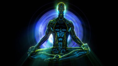 Bir insan karakteri, vücudun ışıldayan rengiyle enerjik alanlarını gördüğümüz yerde meditasyon yapıyor..
