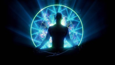 Siluetli bir figür, ışık enerjisi ve kutsal geometri ile çevrili, uzlaşma nilüferinde oturuyordu..