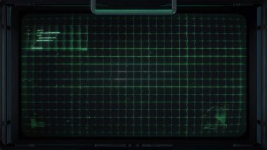 Grafiksel verilere sahip bir dijital 3D Kenarlı Bilimkurgu tarzı veri ekranı.