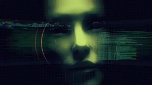 Dijital veri kodlu koyu renkli bir sentetik yüze yaklaş.