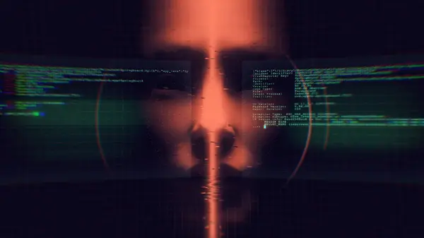 Karanlık, aydınlık, verileri ve dijital arızaları olan sentetik bir yüze yaklaş.