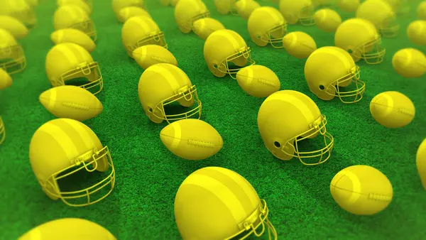 Yeşil çimen arka planında sonsuz dizi futbol kaskı..