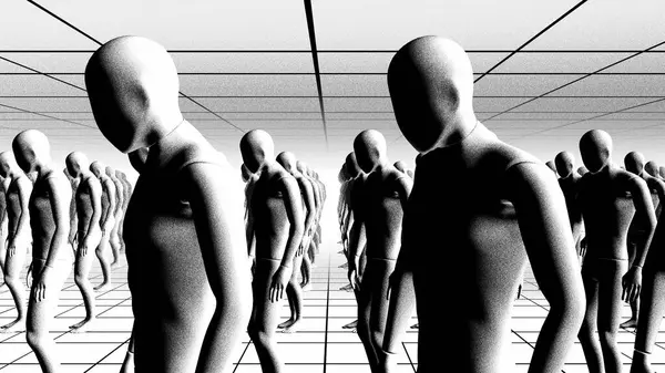 Resmedilmiş stilde soyut bir grup klonlanmış insan.