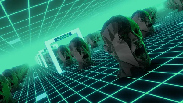 Soyut çokgen 3D insansı başlıklar sonsuz bir retro stil neon ızgara ortamı içinde.