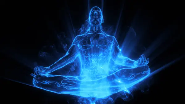 Titreşim çizgileri ve parıldayan renklerle temsil edilen vücudun enerji dolu alanlarını gördüğümüz bir insan karakteri meditasyon yapıyor..