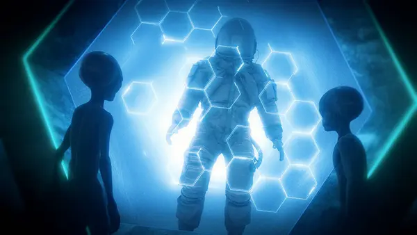 İçinde iki gri uzaylının kapana kısılmış bir astronotu izlediği karanlık bir bilim kurgu filmi bir gözlem tankında duruyordu..