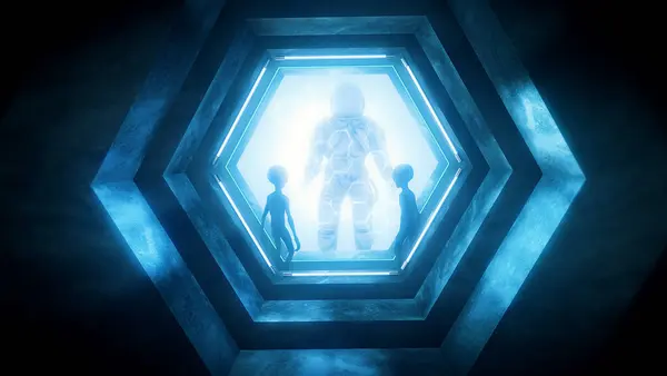 İçinde iki gri uzaylının kapana kısılmış bir astronotu izlediği karanlık bir bilim kurgu filmi bir gözlem tankında duruyordu..