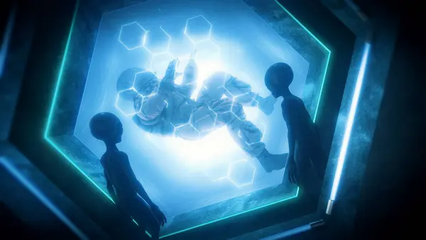 İçinde iki gri uzaylının olduğu karanlık bir bilim kurgu gözlem tankında yüzen bir astronotu izliyor..