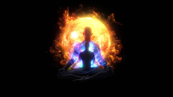 Siluetli bir figür, ateş turuncu ışık enerjisiyle çevrili, uzlaşma nilüferinde oturuyordu..