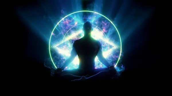 Siluetli bir figür, ışık enerjisi ve kutsal geometri ile çevrili, uzlaşma nilüferinde oturuyordu..