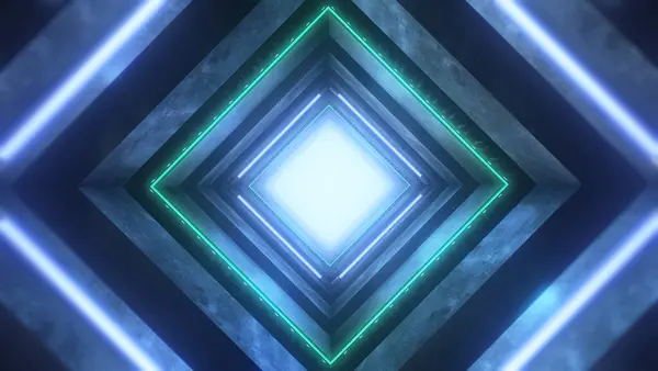 Soyut bir bilim-kurgu tarzı tünel kare taş ekstrüzyonları neon şerit ışıklarla aydınlatılmış ve kenarlı.