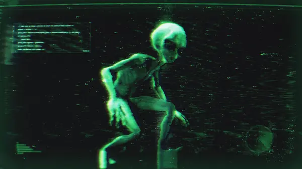 Merkezi Uzaylı Gri karakteri ve grafiksel verileri olan bir dijital Bilimkurgu tarzı veri ekranı.