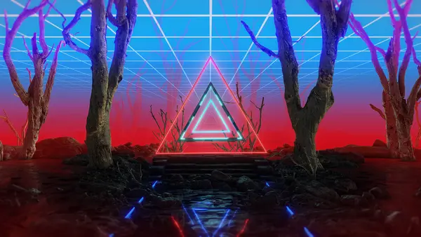 Eski gökyüzü ve neon elementleri ile soyut bir ortam, kayalık yansıtıcı zemin ile merkezi neon üçgen ışıklandırmayı içerir.