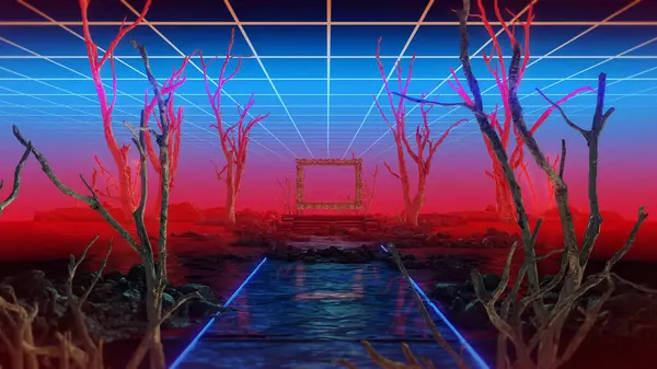 Eski gökyüzü ve neon elementlerle donatılmış soyut bir çevre, uzaktaki kayalık yansıtıcı zemin ile merkezi bir altın resim çerçevesi içerir..