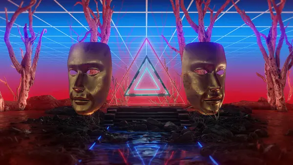 Eskimiş gökyüzü ve neon elementlerle soyut bir ortam, kayalık yansıtıcı zeminli büyük altın tiyatro tarzı maskeler içeriyor..