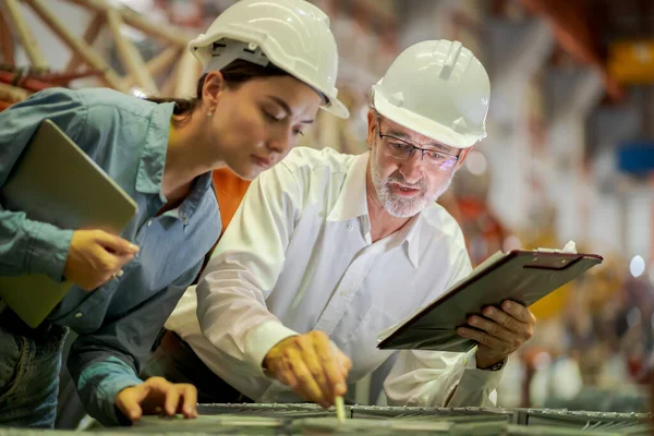 Metal levha fabrikasında yeni nesil mühendisler. Denetmenlerden ya da meslektaşlardan çalışma yöntemleri öğrenme ve kendi başınıza öğrenim görmeniz profesyonelce öğretilmelidir.