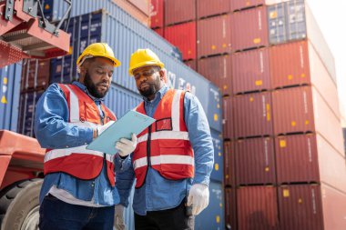 Konteynır nakliye şirketinde iki erkek mühendis sorumlu konteynır siparişini kontrol etmek için danışmanlık yapıyor.