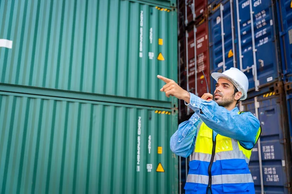 Male Engineers Container Shipping Company Consulting Check Order Container Responsible — Stock Photo, Image