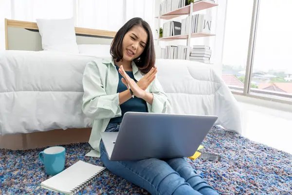 Asian Woman Working Bedside Bedroom Home Her Tablet — kuvapankkivalokuva
