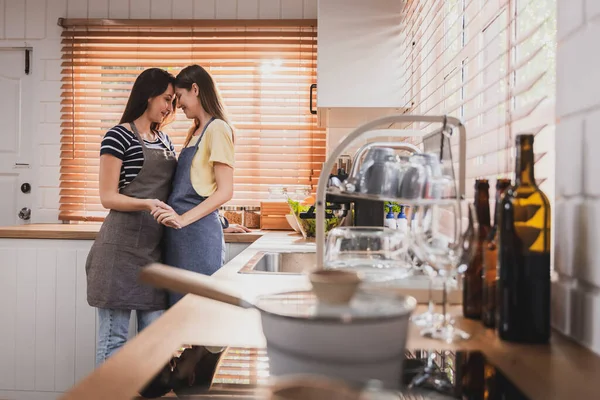 Female Female Lgbt Couples Happily Cooking Bread Together Home Kitchen — Stockfoto