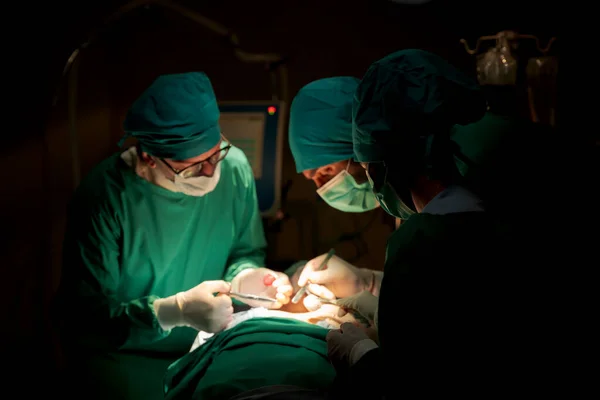 Equipo Médicos Sala Operaciones Vestidos Uniformes Verdes Salvar Vidas Críticamente — Foto de Stock