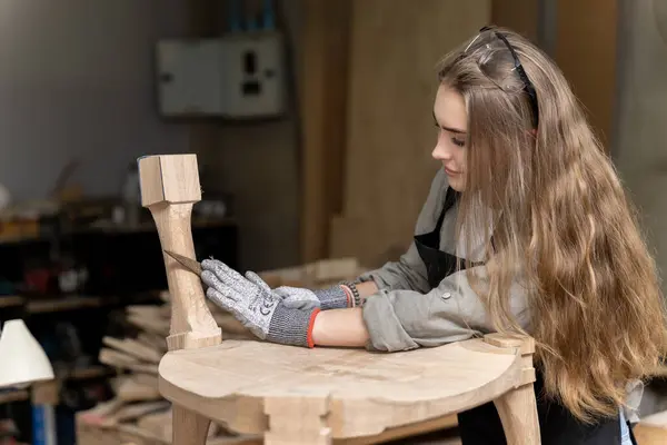 Female Carpenter Assembling Chair She Had Designed Built Furniture Factory — Stock Photo, Image